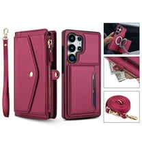 For Samsung Galaxy S22 Crossbody Wallet Phone Case,Magnetic Detachable Flip,With Shoulder Strap&Wrist Strap,Zipper Pocket,Card&Cash Slots,PU Leather Shockproof Rugged Phone Case,Red