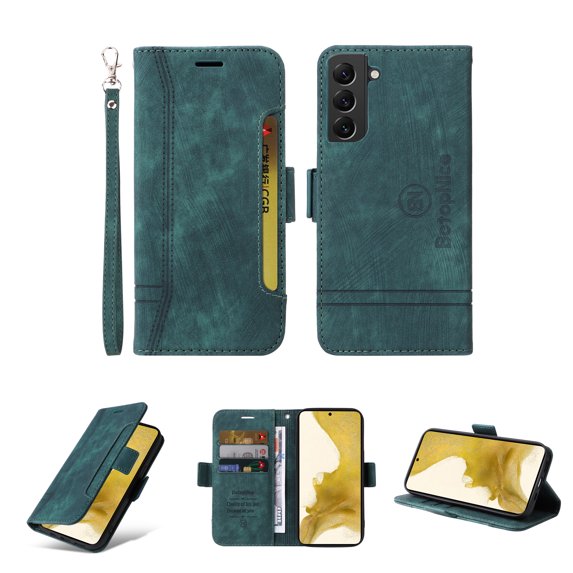 for Samsung Galaxy S22 Flip Case, Slide Card Pocket Premium PU Leather Folio Flip with Design Card Slots Wrist Strap Shockproof Kickstand Magnetic Protective Cover for Samsung S22, Green
