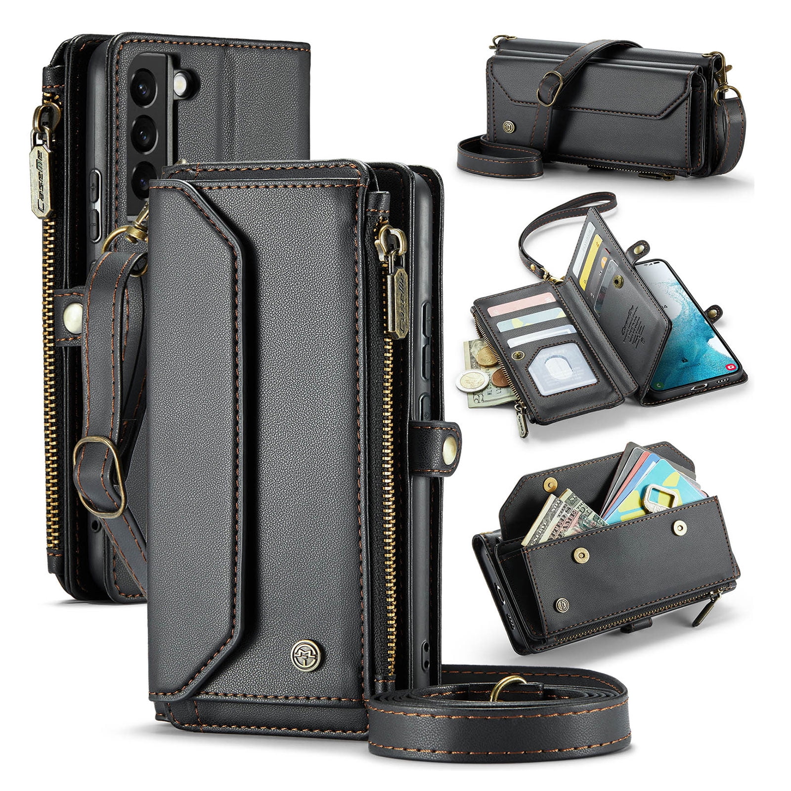 for Samsung Galaxy S22 Full Body Protection Wallet Folio Flip Case, Shoulder Strap & Wristlet Card Slots Zipper Pocket RFID Blocking Rugged Durable PU Leather Phone Case Cover, Black