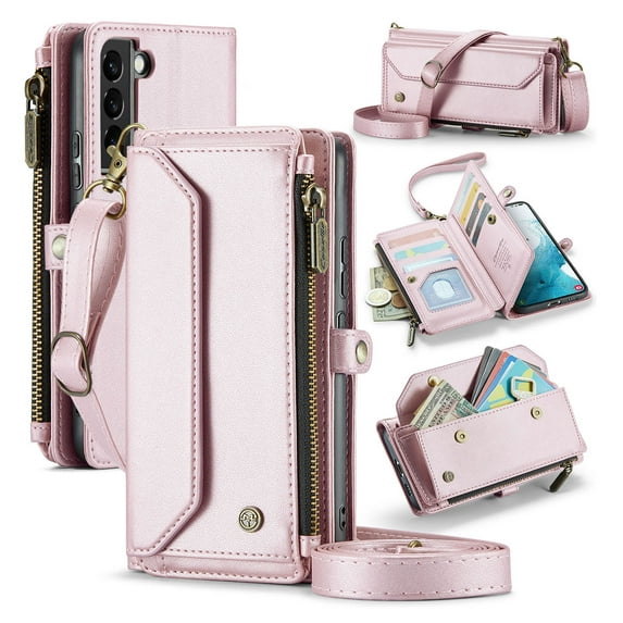 for Samsung Galaxy S22 Full Body Protection Wallet Folio Flip Case, Shoulder Strap & Wristlet Card Slots Zipper Pocket RFID Blocking Rugged Durable PU Leather Phone Case Cover, Pink