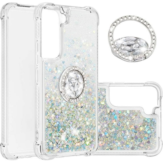 for Samsung Galaxy S22 Glitter Case with Ring Holder, Bling Sparkle Floating Liquid Soft TPU Cushion Fashion Girly Women Girls Clear Case Cover for Samsung Galaxy S22 Silver