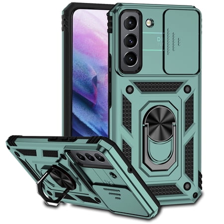 Samsung Galaxy S22 Kickstand Armor Case with Slide Camera Lens Protection Cover Built-in 360° Rotate Ring Holder Stand Magnetic Military Shockproof Phone Cover Case for Samsung Galaxy S22, Green
