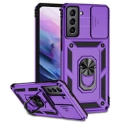 Samsung Galaxy S22 Kickstand Armor Case with Slide Camera Lens Protection Cover Built-in 360° Rotate Ring Holder Stand Magnetic Military Shockproof Phone Cover Case for Samsung Galaxy S22, Purple