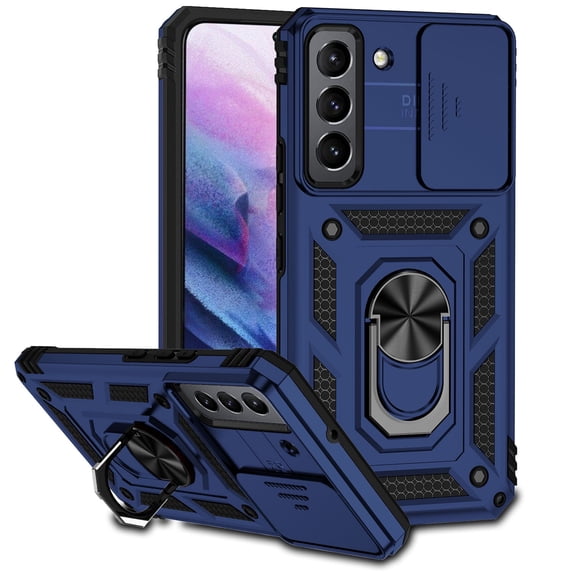 Samsung Galaxy S22 Kickstand Armor Case with Slide Camera Lens Protection Cover Built-in 360° Rotate Ring Holder Stand Magnetic Military Shockproof Phone Cover Case for Samsung Galaxy S22, Blue