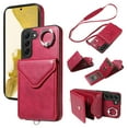 thumbnail image 1 of for Samsung Galaxy S22 PU Leather Back + TPU Frame Rugged Case, Classic 360 Rotating Ring Kickstand Card Slots Shoulder Strap Drop Protective Slim Fit Shockproof Phone Case Cover, Red, 1 of 12