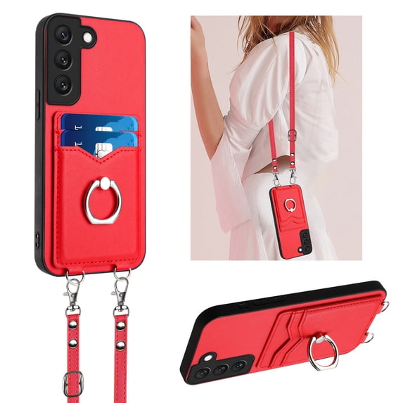 for Samsung Galaxy S22 PU Leather Phone Case Cover, Classic Shoulder Strap Card Slots Shockproof Protective Ring Bracket Anti-scratch Ultra Slim Back Case for Samsung Galaxy S22 - Red