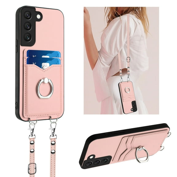 for Samsung Galaxy S22 Phone Case Wallet with Crossbody Strap & Card Holder, Premium PU Leather Case, 360 Ring Holder Kickstand Durable Protective Women Men Cover for Samsung Galaxy S22,Rosegold