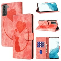 for Samsung Galaxy S22 Phone Case Wallet Flip Cases,Cute Cat & Heart Patterned,Retro PU Leather Kickstand,Card Holder,Wrist Strap,Magnetic Closure,Shockproof Cover For Samsung Galaxy S22, Pink