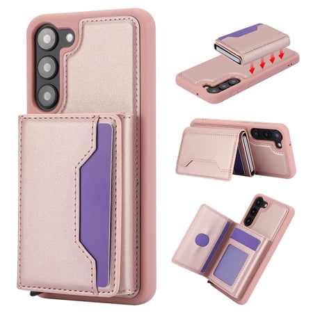 for Samsung Galaxy S22 Plus 2 In 1 Detachable Magnetic Card Slots Back Case, PU Leather RFID Blocking Kickstand Fashion Shockproof Protective Phone Case Cover for Samsung Galaxy S22 Plus, Rosegold