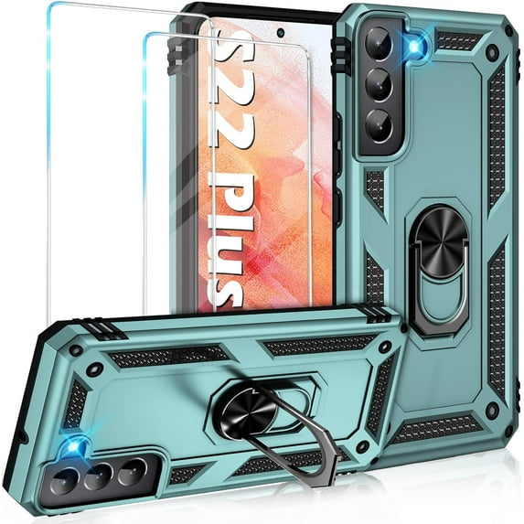 for Samsung Galaxy S22+ Plus 5G Case with Built in Screen Protector Military Grade Hard Rugged Cover Heavy Duty Galaxy S22 Plus Phone Cases with Metal Ring Kickstand Shockproof Green