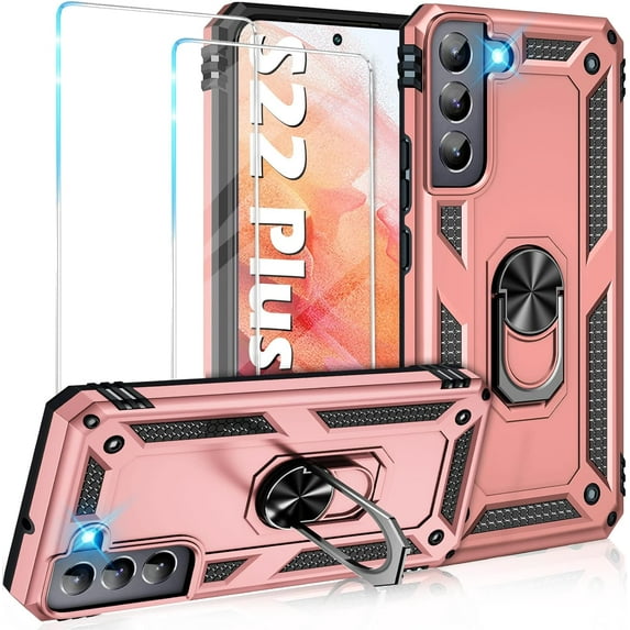 for Samsung Galaxy S22+ Plus 5G Case with Built in Screen Protector Military Grade Hard Rugged Cover Heavy Duty Galaxy S22 Plus Phone Cases with Metal Ring Kickstand Shockproof Rose Gold