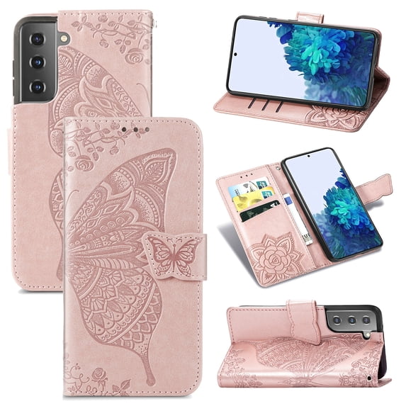Samsung Galaxy S22 Plus 5G Case, Butterfly Embossed Flip Folio Wallet Case Magnetic Closure RFID Blocking Card Slots Kickstand Shockproof Stand Case for Samsung Galaxy S22 Plus 5G 6.6 inch, Rosegold