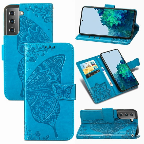 Samsung Galaxy S22 Plus 5G Case, Butterfly Embossed Flip Folio Wallet Case Magnetic Closure RFID Blocking Card Slots Kickstand Shockproof Stand Case for Samsung Galaxy S22 Plus 5G 6.6 inch, Blue
