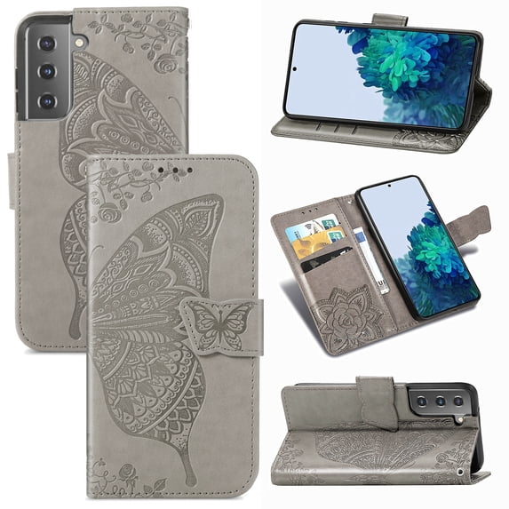 Samsung Galaxy S22 Plus 5G Case, Butterfly Embossed Flip Folio Wallet Case Magnetic Closure RFID Blocking Card Slots Kickstand Shockproof Stand Case for Samsung Galaxy S22 Plus 5G 6.6 inch, Gray