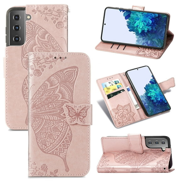 Samsung Galaxy S22 Plus 5G Case, Dteck Leather Wallet Case, Butterfly Embossed Flip Shockproof Stand Case for Samsung Galaxy S22 Plus 5G, Rosegold