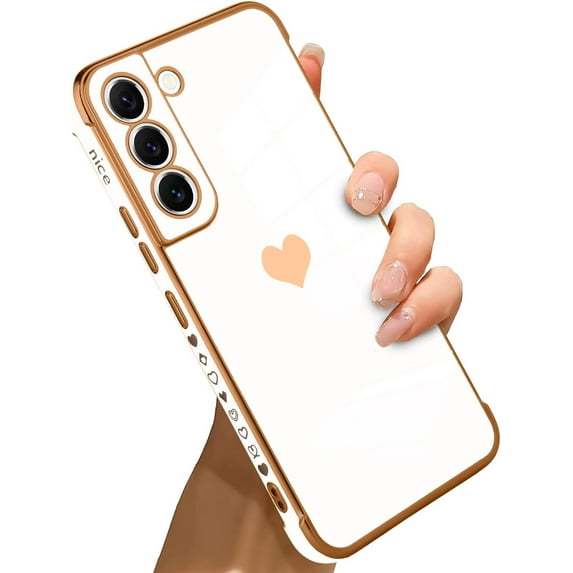 for Samsung Galaxy S22 Plus 5G Case Love Heart Plating Electroplate Luxury Elegant Case Camera Protector Soft TPU Shockproof Protective Corner Back Cover Galaxy S22+ 5G Case -White