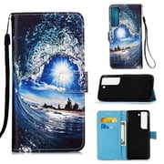 For Samsung Galaxy S22 Plus 5G Case, Mantto PU Leather Phone Case With Hand Rope Strap Cute Painted Flip Card Wallet Slots Kickstand Case For Samsung Galaxy S22 Plus 5G - Sea Wave