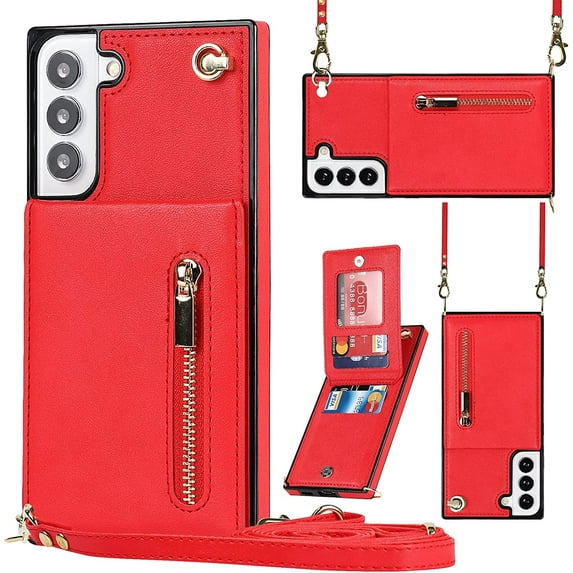 Samsung Galaxy S22 Plus 5G Cases with Card Holder for Women,Crossbody Phone Case for Samsung S22 Plus with Strap,Leather PU Lanyard Magnetic Clasp Zipper Wallet Case with Kickstand,6.6" Red