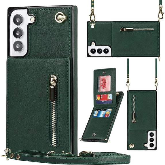 Samsung Galaxy S22 Plus 5G Cases with Card Holder for Women,Crossbody Phone Case for Samsung S22 Plus with Strap,Leather PU Lanyard Magnetic Clasp Zipper Wallet Case with Kickstand,6.6" Green