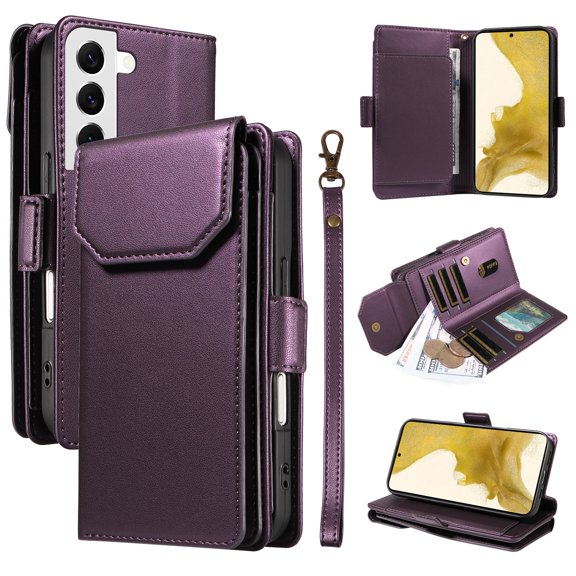 for Samsung Galaxy S22 Plus Case with 11 Card Slots & 2 Cash Pockets for Woman Man,PU Leather Flip Kickstand Folio [RFID Blocking] Wallet Case, Wrist Strap Magnetic Clasp Protective Cover,Purple