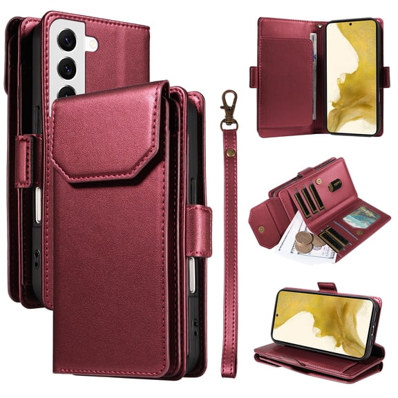 for Samsung Galaxy S22 Plus Case with 11 Card Slots & 2 Cash Pockets for Woman Man,PU Leather Flip Kickstand Folio [RFID Blocking] Wallet Case, Wrist Strap Magnetic Clasp Protective Cover,Red