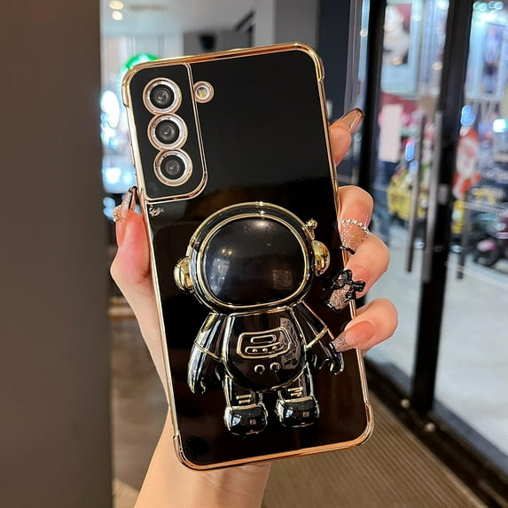 for Samsung Galaxy S22 Plus Case Cute 6D Astronaut Case with Stand Function Luxury Plating Case Cover Slim Fit Soft TPU Shockproof Bumper Protective Electroplated Case for Girls Boys,Black
