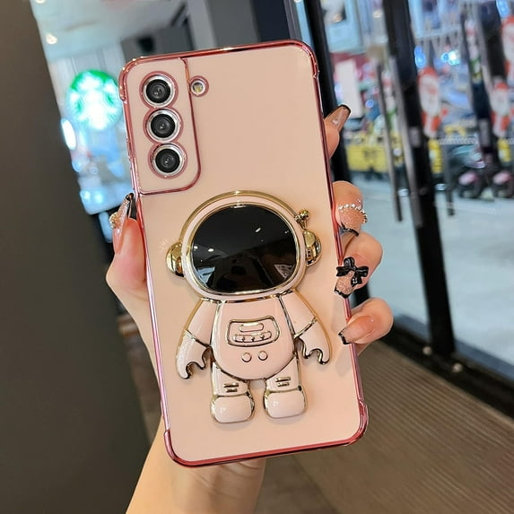 for Samsung Galaxy S22 Plus Case Cute 6D Astronaut Case with Stand Function Luxury Plating Case Cover Slim Fit Soft TPU Shockproof Bumper Protective Electroplated Case for Girls Boys,Pink