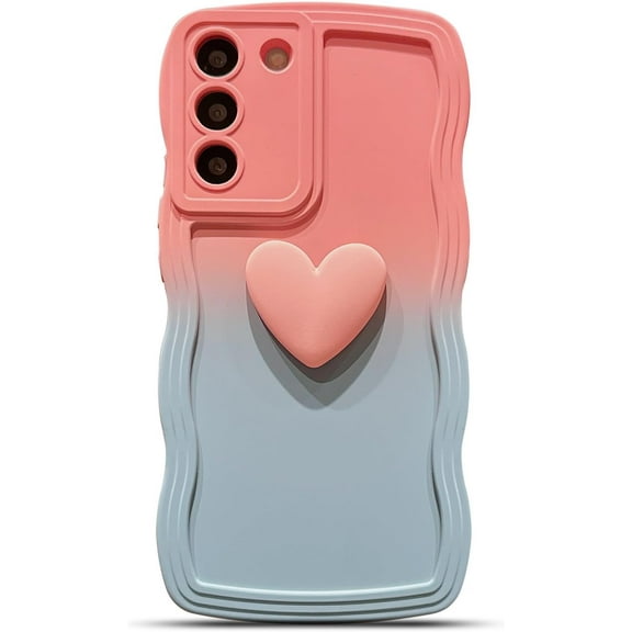 for Samsung Galaxy S22+ Plus Case, Cute Kawaii 3D Love Heart Gradient Color Curly Wave Frame Camera Lens Cover Shockproof Soft Silicone S22 Plus Phone Case 6.6" for Women (Pink Blue)