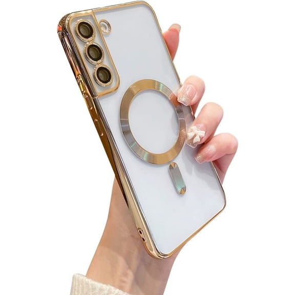 for Samsung Galaxy S22 Plus Case Magnetic Clear with Camera Lens Protector Full Protection MagSafe Electroplated Silicone Slim Fit Shockproof Protective Case Cover 6.6 Inch - Gold