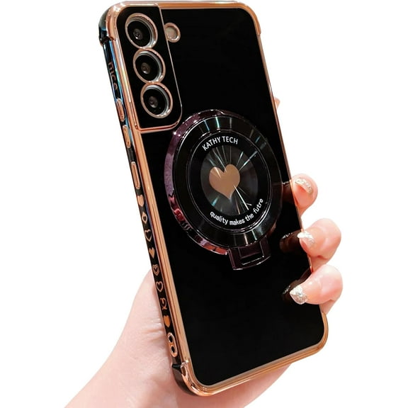 for Samsung Galaxy S22 Plus Case with Magnetic Ring Stand [Compatible with MagSafe] Cute Love Heart Luxury Electroplate Plating Silicone Shockproof Cover for Galaxy S22 Plus 6.6" (Black)