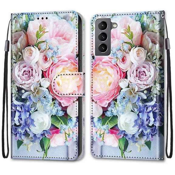 For Samsung Galaxy S22 Plus Case, Mantto Magnetic PU Leather Phone Case With Hand Rope Strap Cute Pattern Painted Flip Credit/ ID Card Wallet Slots Stand, Bouquet