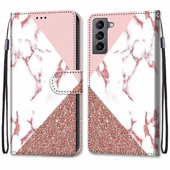For Samsung Galaxy S22 Plus Case, Mantto Magnetic PU Leather Phone Case With Hand Rope Strap Cute Pattern Painted Flip Credit/ ID Card Wallet Slots Stand, Marble Pattern