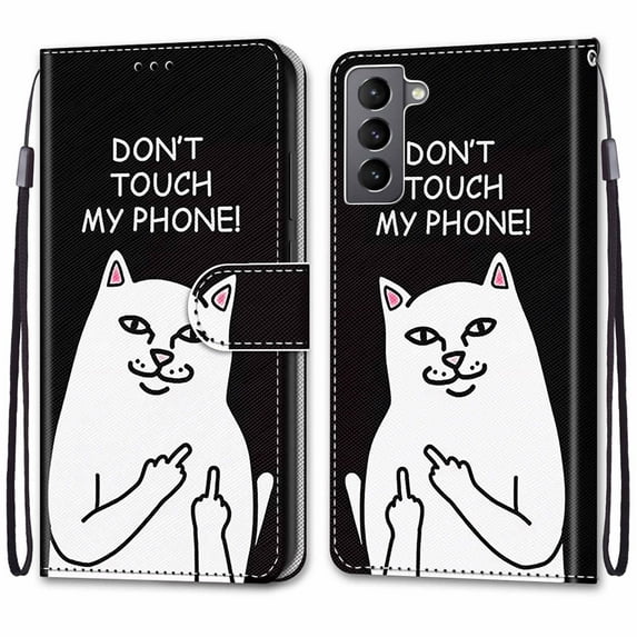 For Samsung Galaxy S22 Plus Case, Mantto Magnetic PU Leather Phone Case With Hand Rope Strap Cute Pattern Painted Flip Credit/ ID Card Wallet Slots Stand, White Cat