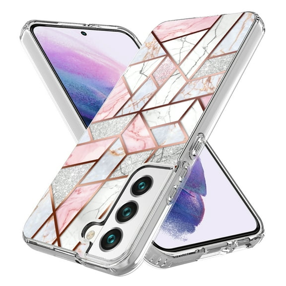 Samsung Galaxy S22 Plus Case, Rosebono Hybrid Bling Glitter Sparkle Laser Pink Polygon Geometric Marble Graphic Cover Case for Samsung Galaxy S22 Plus
