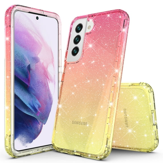 Samsung Galaxy S22 Plus Case, Rosebono Hybrid Glitter Sparkle Transparent Colorful Gradient TPU Cover Case For Samsung Galaxy S22 Plus (Gold/Pink)