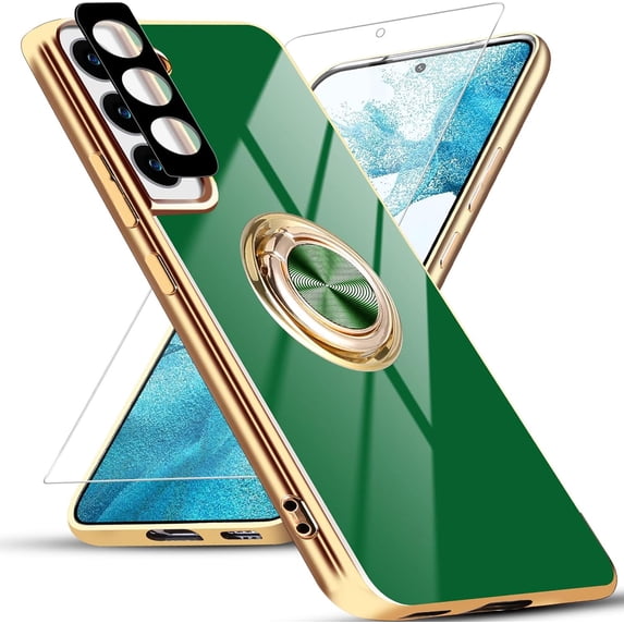 for Samsung Galaxy S22 Plus Case with Screen Protector & Camera Lens Protector, Built-in 360° Rotation Ring Magnetic Stand, Luxury Shiny Plating Edge Shockproof Protective Cover (Green/Golden)
