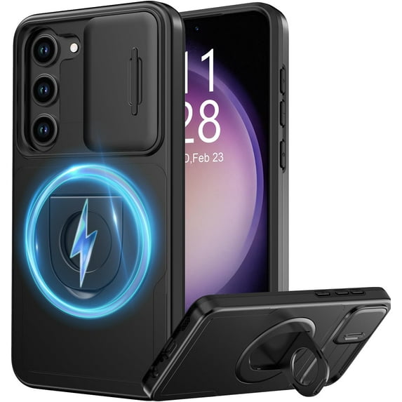 for Samsung Galaxy S22 Plus Case with Sliding Camera Lens Cover - Wireless Charging Compatible - Magnetic Kickstand - Shockproof Protective Phone Case 6.6" for Men Women Girls - Black