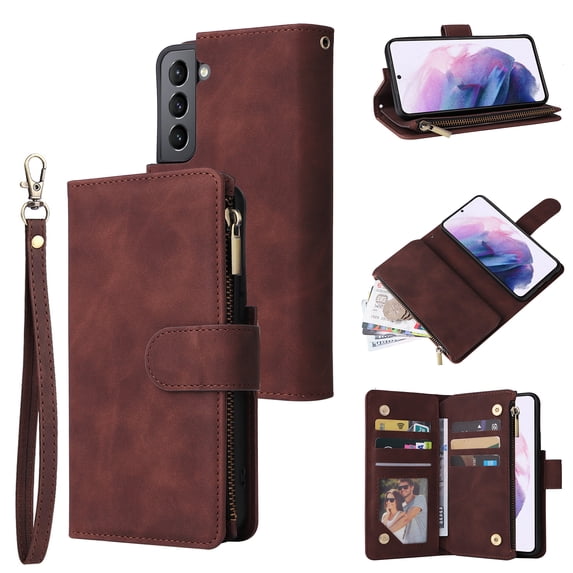 for Samsung Galaxy S22 Plus Case Wallet with Card Slots, Premium Soft PU Leather Zipper Folio Flip with Wrist Strap Kickstand Protective Phone Cover for S22 Plus Handbag Wallet Case, Coffee