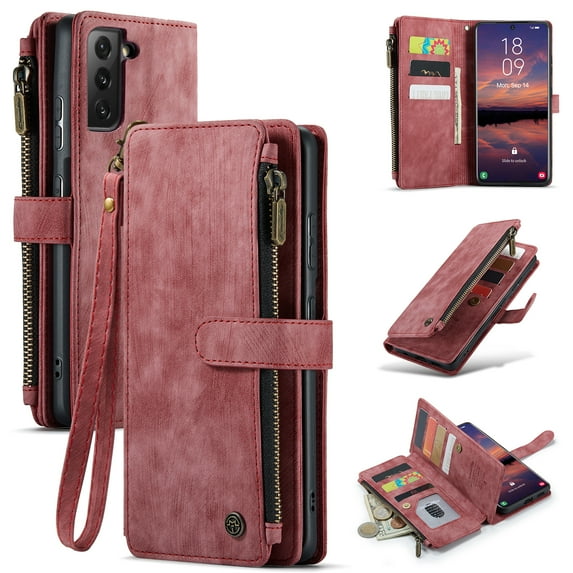 for Samsung Galaxy S22 Plus Case Wallet for Women and Men, Samsung Galaxy S22 Plus Case, PU Leather Magnetic Flip Strap Wristlet Zipper Card Holder Wallet Business Phone Cover for S22 Plus, Red