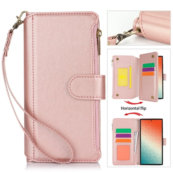 for Samsung Galaxy S22 Plus Crossbody Case, RFID Blocking for Galaxy S22 Plus Case Wallet with Card Holder, Fashion PU Leather Magnetic Flip Zipper Wrist Strap Lanyard Phone Case, Rosegold