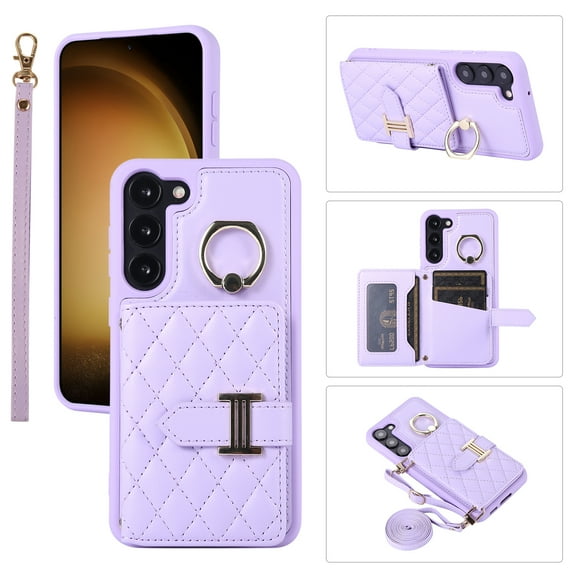 for Samsung Galaxy S22 Plus Detachable Shoulder Strap Wallet Case, with Card Slots & 360-degree Rotation Stand Ring Flip Premium PU Leather Protective Cover Lanyard for Women Girls, Purple