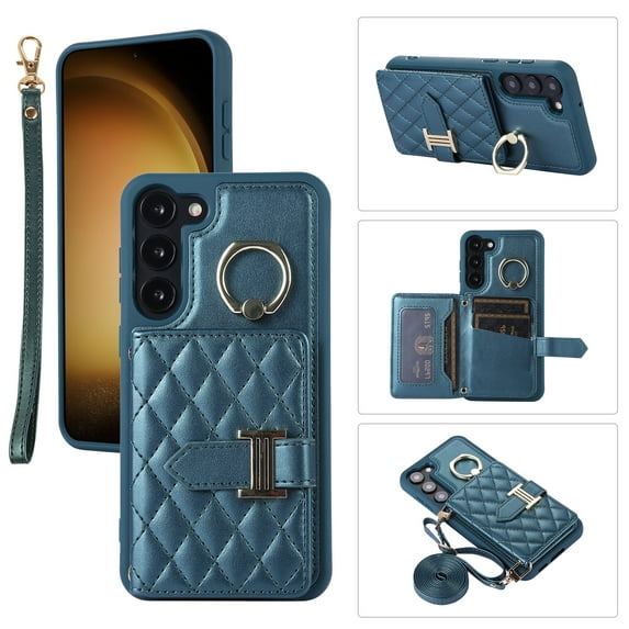 for Samsung Galaxy S22 Plus Detachable Shoulder Strap Wallet Case, with Card Slots & 360-degree Rotation Stand Ring Flip Premium PU Leather Protective Cover Lanyard for Women Girls, Darkgreen