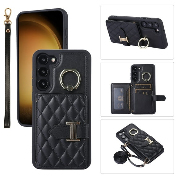 for Samsung Galaxy S22 Plus Detachable Shoulder Strap Wallet Case, with Card Slots & 360-degree Rotation Stand Ring Flip Premium PU Leather Protective Cover Lanyard for Women Girls, Black