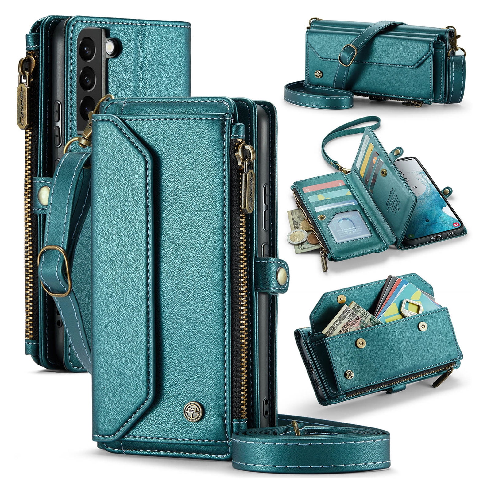 for Samsung Galaxy S22 Plus Full Body Protection Wallet Folio Flip Case, Shoulder Strap & Wristlet Card Slots Zipper Pocket RFID Blocking Rugged Durable PU Leather Phone Case Cover, Green