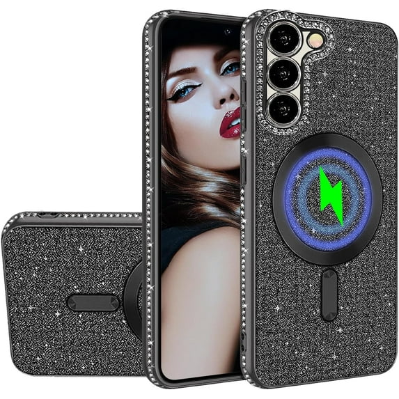 for Samsung Galaxy S22+ Plus Glitter Case with Camera Lens Protector, Slim TPU Clear Case with Magsafe Shiny Bling Sparkly Diamond Cover for Samsung S22 Plus 5G KCZ Black