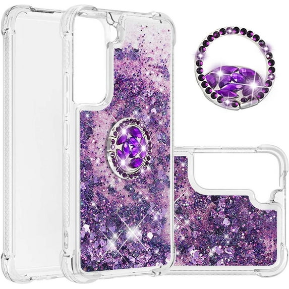 for Samsung Galaxy S22 Plus Glitter Case with Ring Holder, Bling Sparkle Floating Liquid Soft TPU Cushion Fashion Girly Women Girls Clear Case Cover for Samsung Galaxy S22 Plus Purple