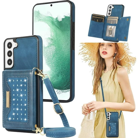 for Samsung Galaxy S22 Plus (Not S22) Crossbody Wallet Case for Women, Bling Glitter PU Leather Phone Case with RFID Blocking Card Holder Cover for Samsung Galaxy S22 Plus SZ Blue