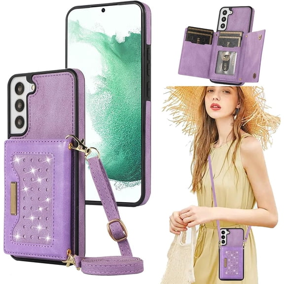 for Samsung Galaxy S22 Plus (Not S22) Crossbody Wallet Case for Women, Bling Glitter PU Leather Phone Case with RFID Blocking Card Holder Cover for Samsung Galaxy S22 Plus SZ Purple