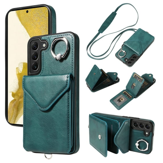 for Samsung Galaxy S22 Plus PU Leather Back + TPU Frame Rugged Case, Classic 360 Rotating Ring Kickstand Card Slots Shoulder Strap Drop Protective Slim Fit Shockproof Phone Case Cover, Green