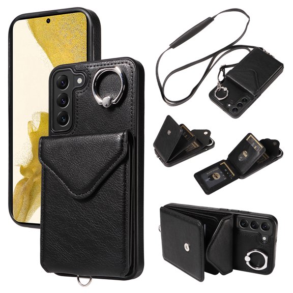 for Samsung Galaxy S22 Plus PU Leather Back + TPU Frame Rugged Case, Classic 360 Rotating Ring Kickstand Card Slots Shoulder Strap Drop Protective Slim Fit Shockproof Phone Case Cover, Black